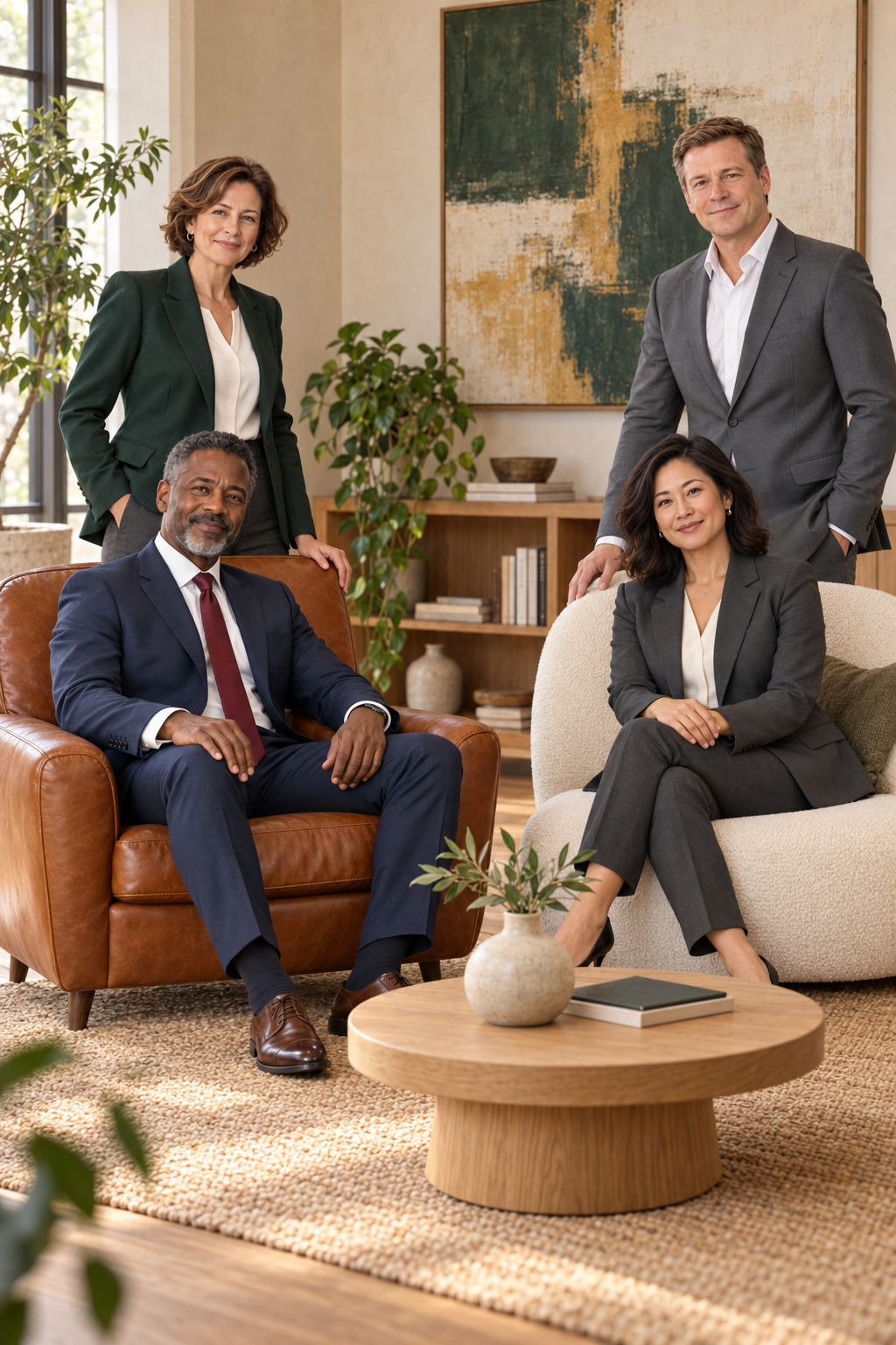 Four professionals in a warm lounge, with two seated in comfortable leather and upholstered chairs and two standing nearby.